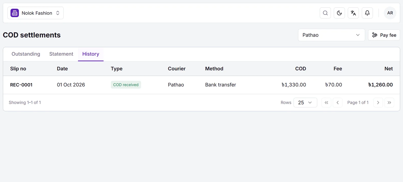 COD settlement history for Pathao: ৳1,330 collected, ৳70 fee, ৳1,260 net