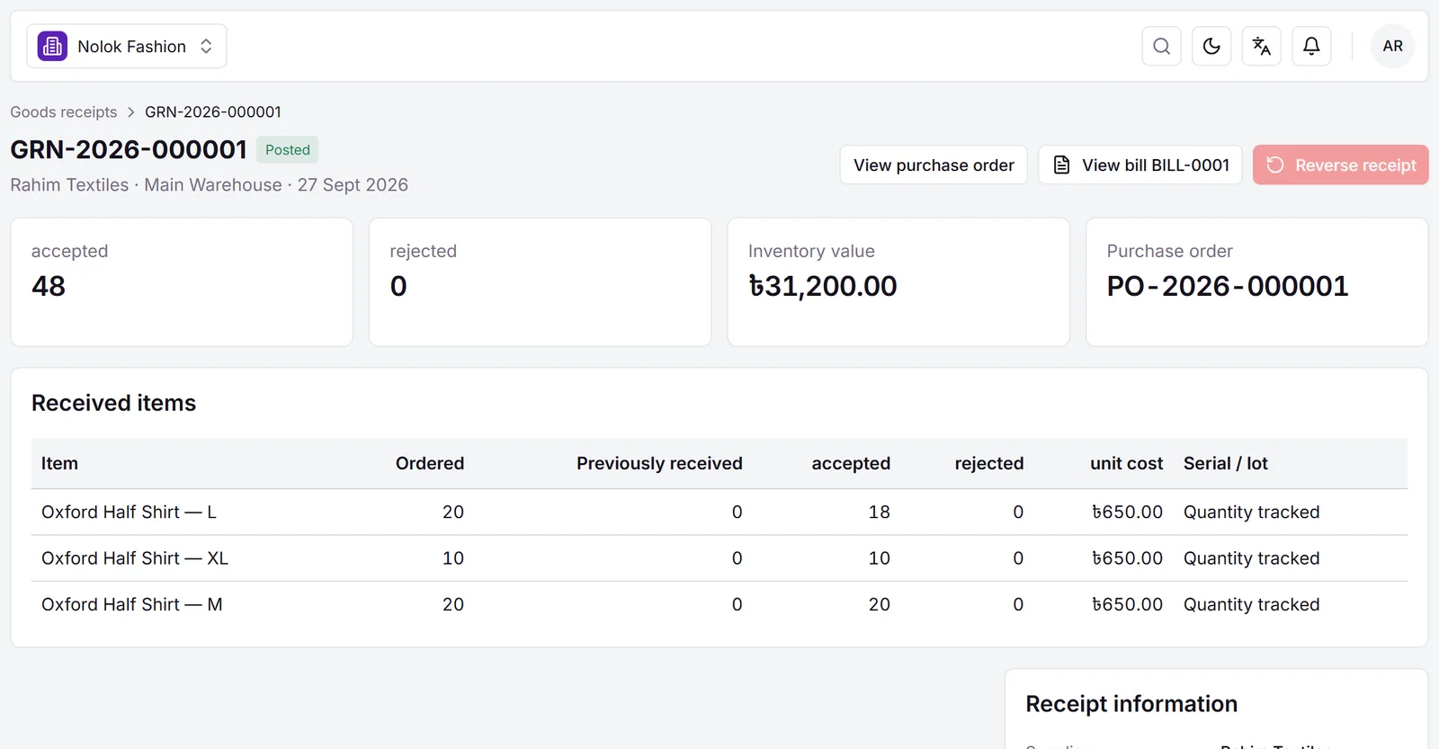 Goods receipt: 18 of 20 accepted for size L