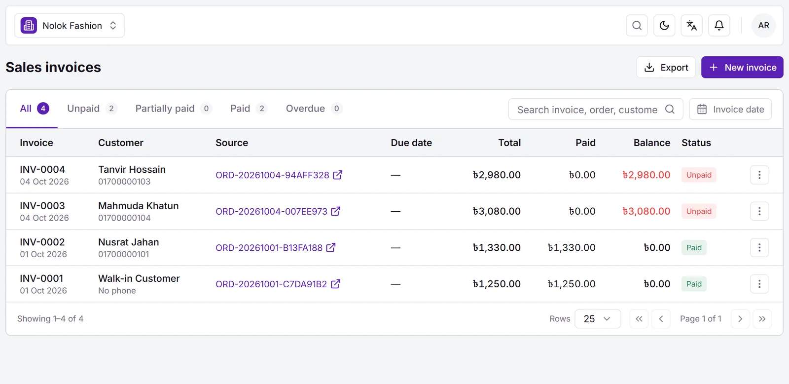 Sales invoices with paid and unpaid balances, each linked to its order