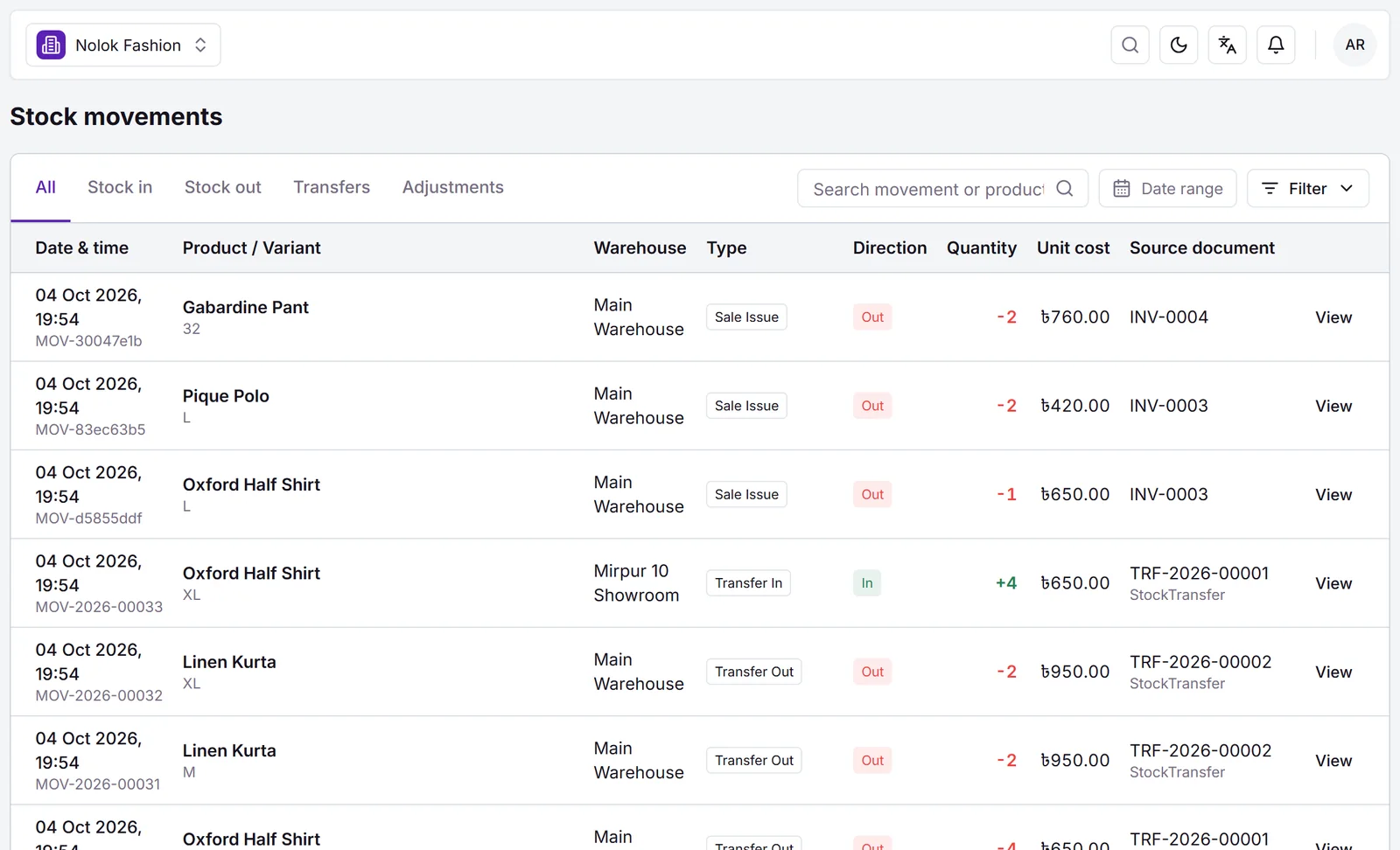 Stock movements with date, warehouse, direction, quantity and source document