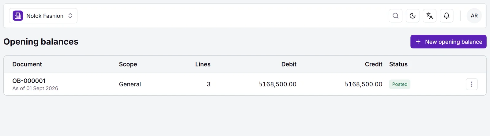 Opening balances posted as of 1 September 2026