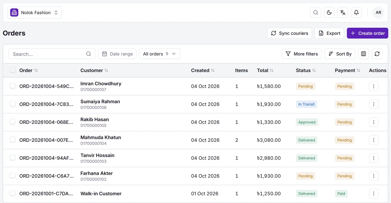 Orders list with pending, approved, in transit and delivered orders