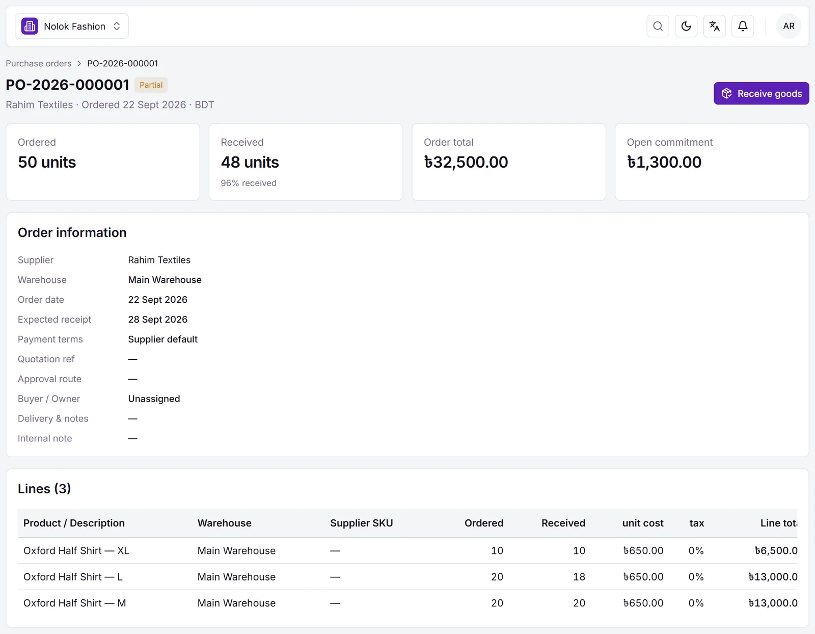 Purchase order with ordered, received, order total and open commitment