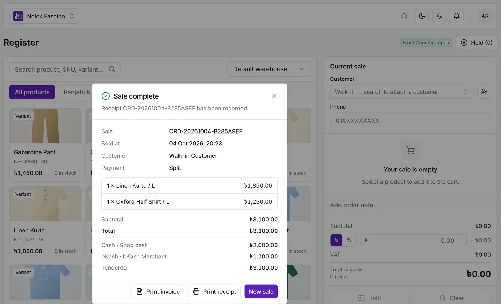 Sale complete: two items, split payment, print receipt or invoice